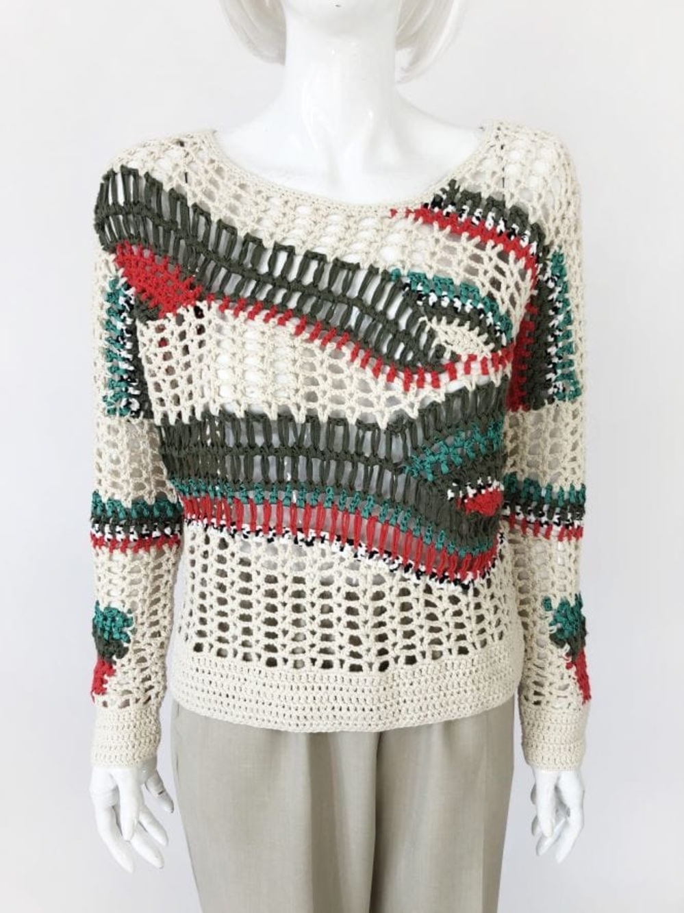 Sandro Cream Open-Knit crochet Sweater with Green & Red Stripes size 3
